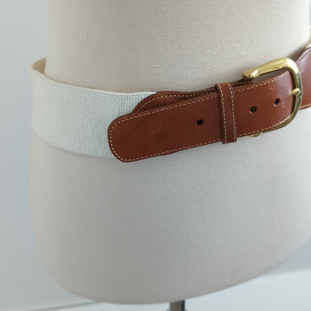 VTG Lands End Waist Belt Elastic Leather White USA 32 Brass Cotton Coastal Yacht - Picture 2 of 6